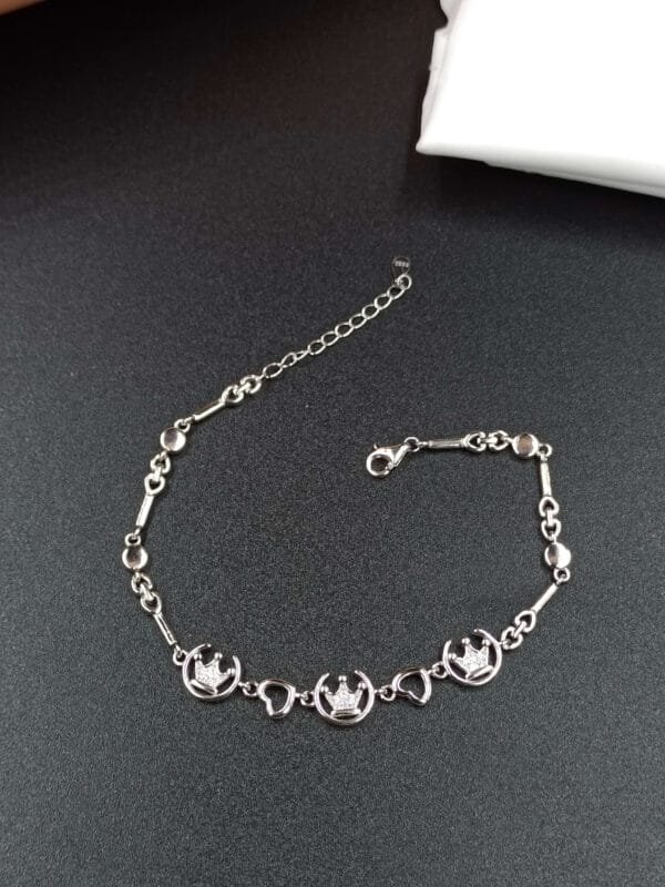 Delicate Silver Crown and Heart Bracelet