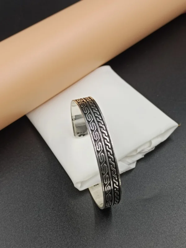 Men’s Silver Kada with Greek Key Pattern