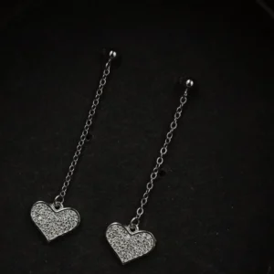 Heart-Shaped Long Drop Silver Earrings Studs