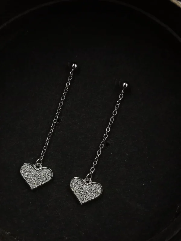 Heart-Shaped Long Drop Silver Earrings Studs