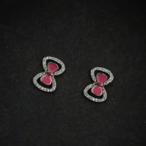 Pink Enamel Bow Silver Earrings for Women