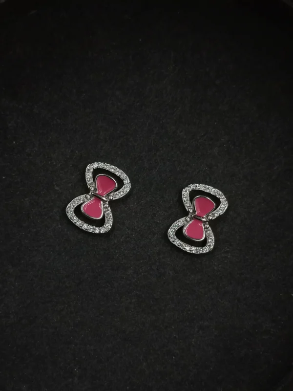 Pink Enamel Bow Silver Earrings for Women
