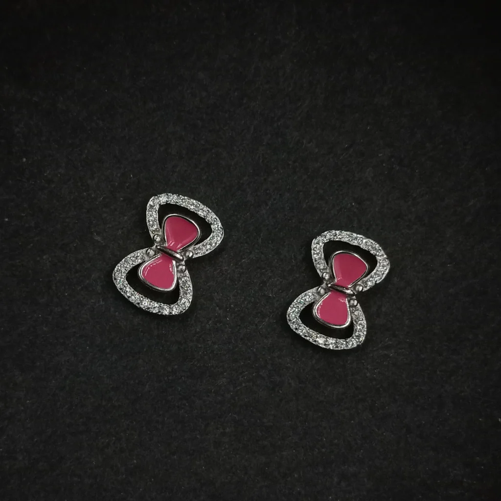 Pink Enamel Bow Silver Earrings for Women