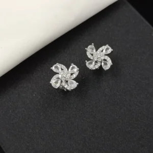 Diamond Floral Stud Silver Earrings for Women