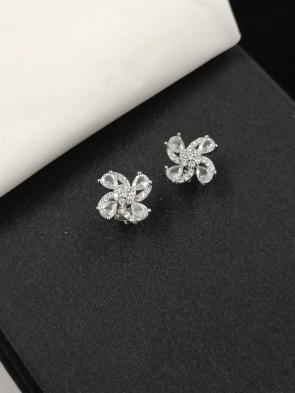 Diamond Floral Stud Silver Earrings for Women