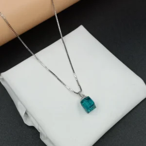 Teal Emerald Pendant Silver Necklace for Women