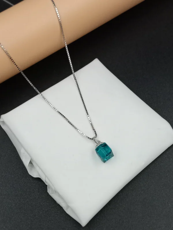Teal Emerald Pendant Silver Necklace for Women