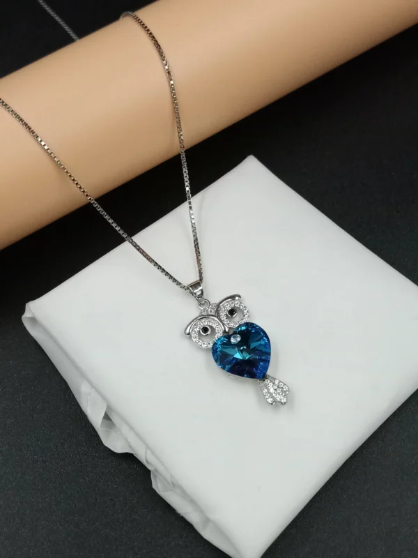 Blue Heart Owl Pendant Silver Necklace