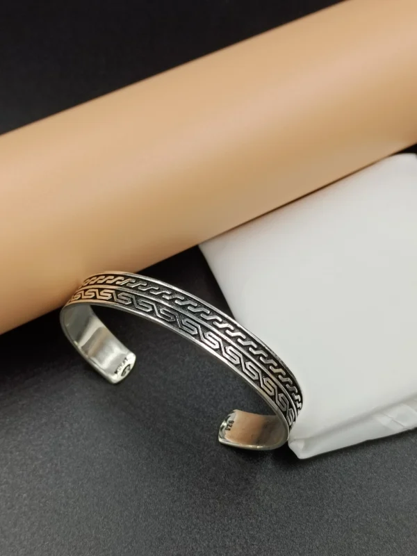 Men’s Silver Kada with Greek Key Pattern