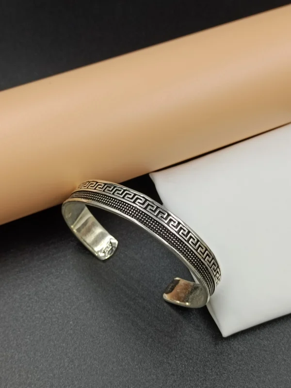 Men’s Silver Kada with Greek Pattern Design