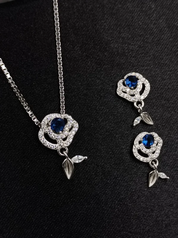 Silver Rose Pendant Set with Blue Stone