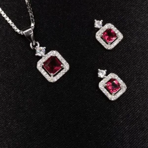 Red Stone Square Silver Pendant Set