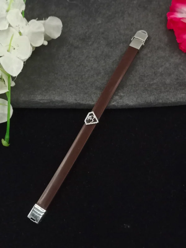 OM Charm Brown Leather Silver Bracelet