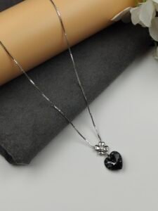 Black Crystal Heart Pendant Necklace for Women with Floral Silver-Tone Pendant